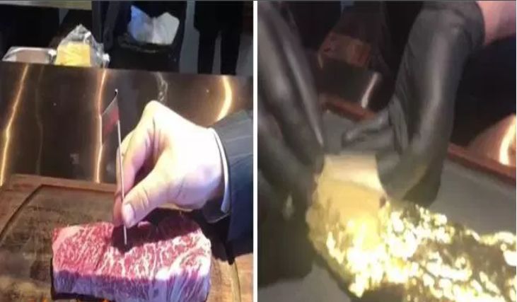 فنان شهير يتناول طبقاً من اللحم المطلي بالذهب (فيديو)